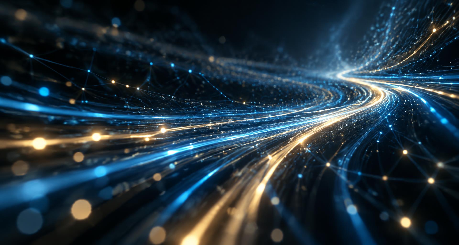 Streams of blue and gold light moving through a dark digital network